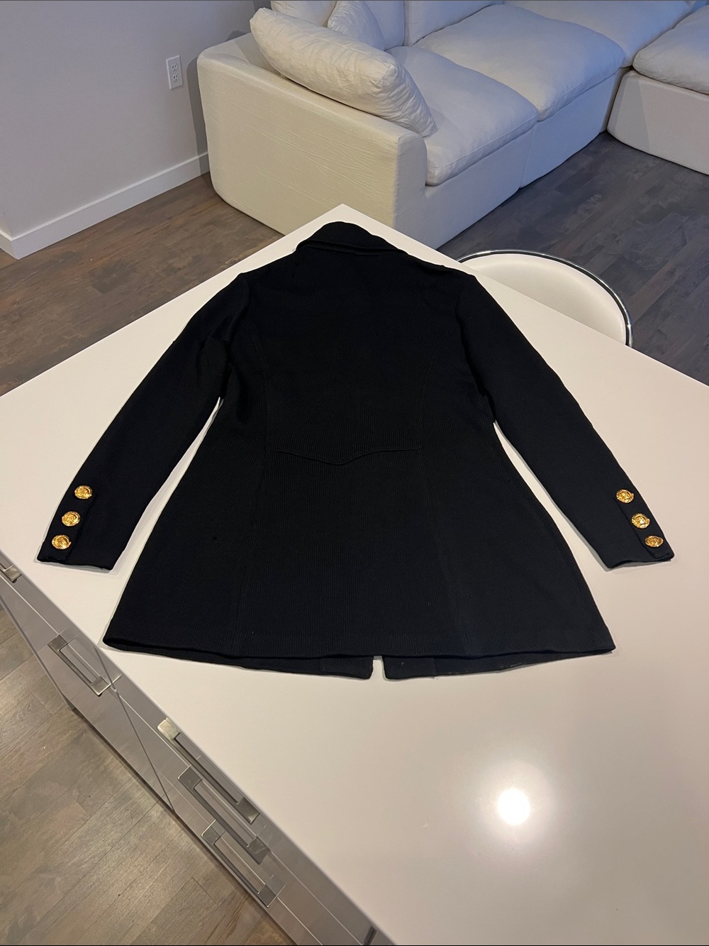 St. John Collection santana black knitted fit & flare jacket w/ gold buttons 12 - Picture 9 of 11